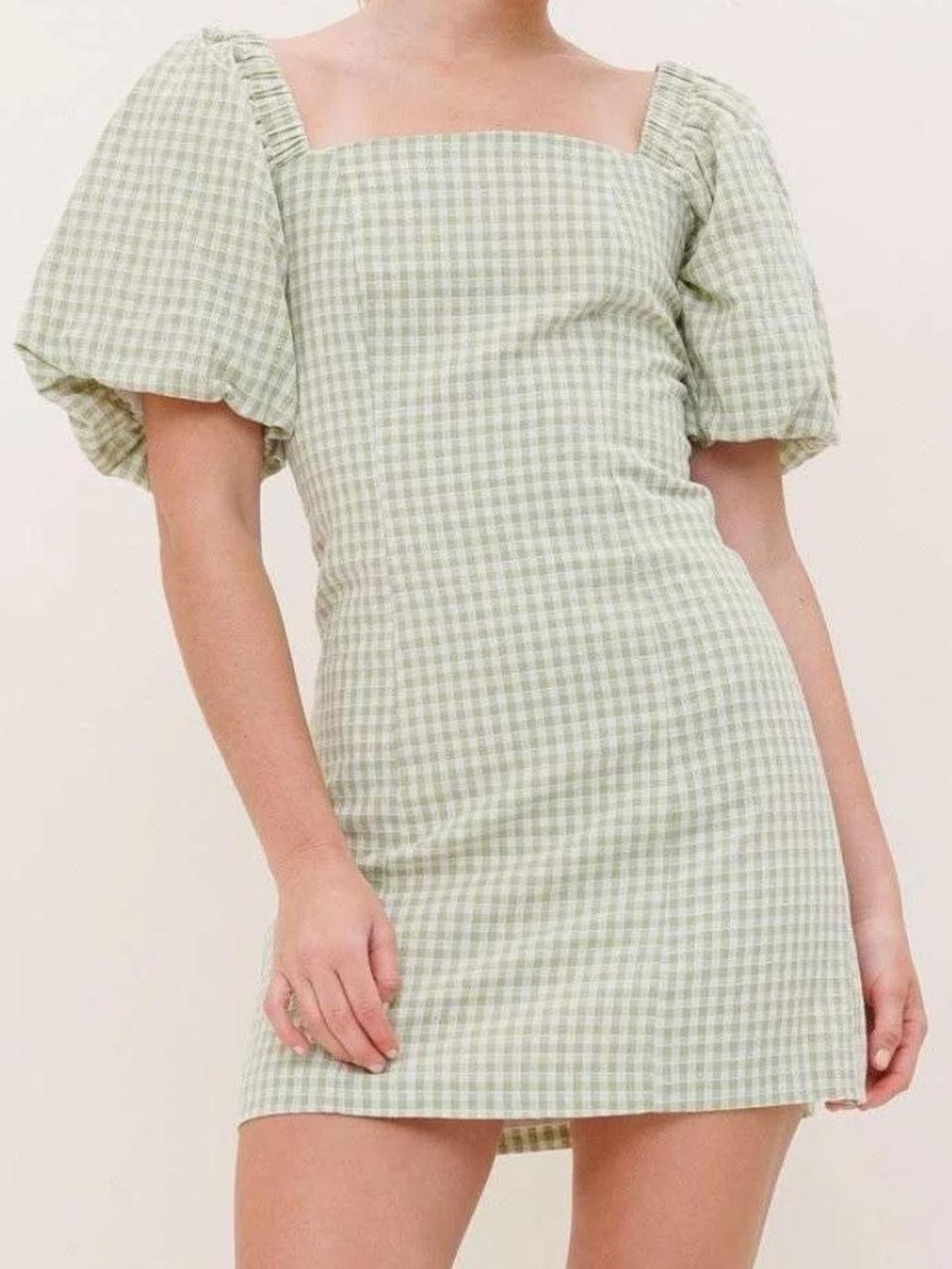 Square Neck Gingham Puff Sleeve Mini Dress in Light Green